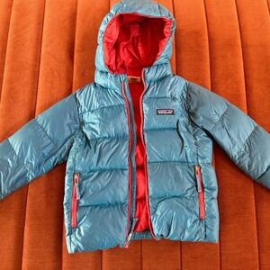Patagonia Hi-Loft Down Vibrant Blue and Red Puffer Jacket